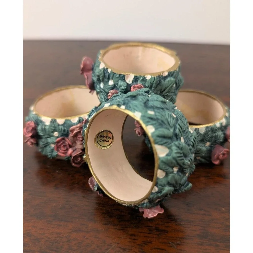Vintage Set of 4 Floral Rose Napkin Rings Resin Cottagecore Shabby Chic Pink